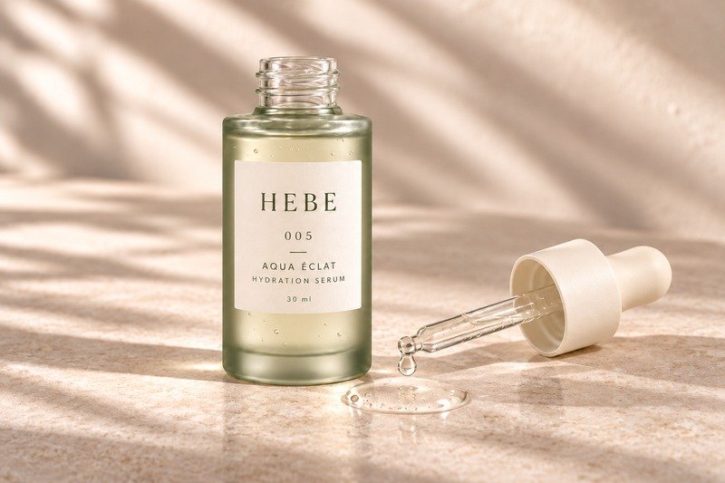 Aqua Éclat Hydration Serum, 30 ml, open bottle with removed dropper and clear serum texture.