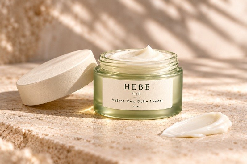 Velvet Dew Daily Cream, 50 ml, open sage jar with ivory lid and cream texture.