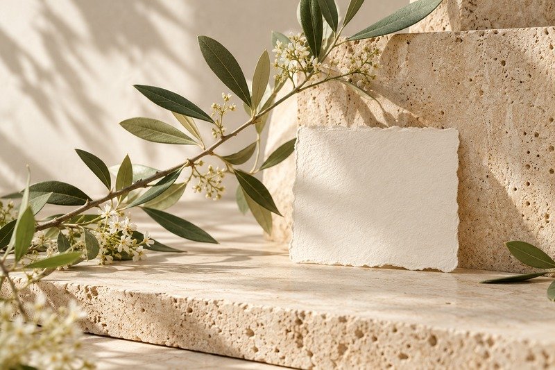 Botanical stems, blank ivory paper and pale travertine.