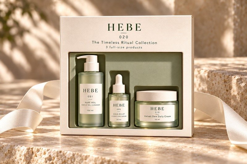 The Timeless Ritual Collection ivory gift box containing cleanser, serum and cream.