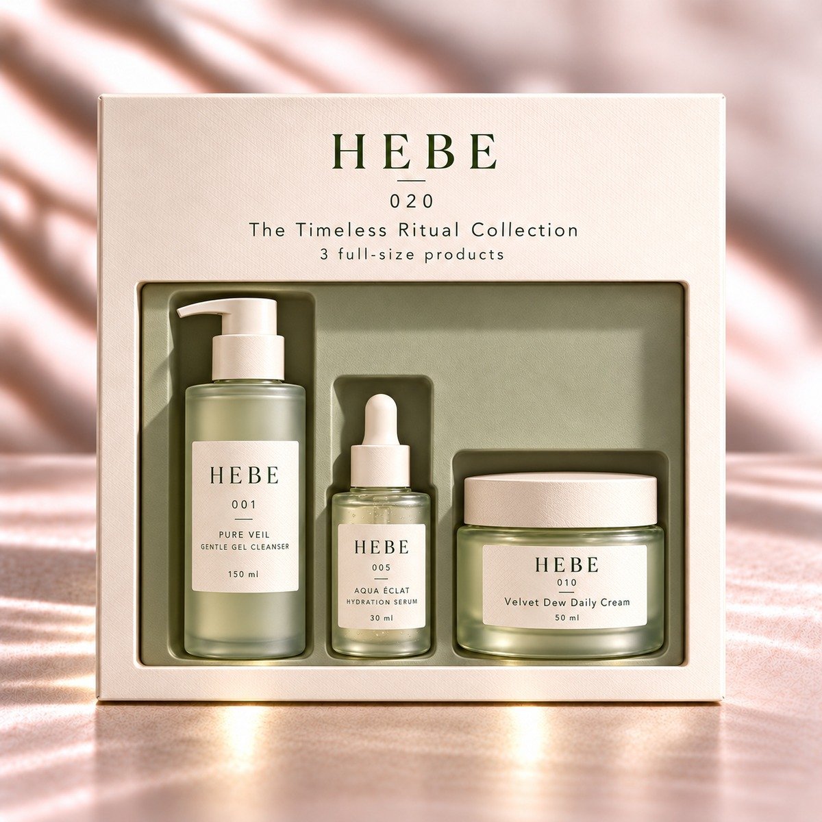 The Timeless Ritual Collection, 3 full-size products, ivory gift box with sage insert.